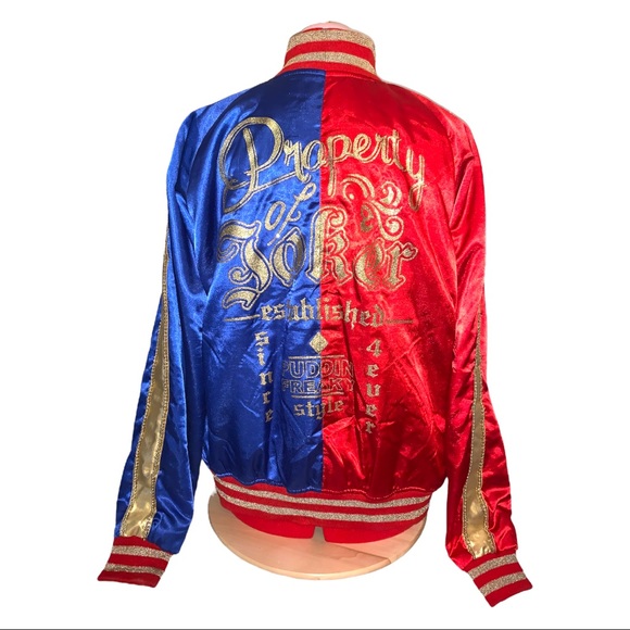 Hand Crafted Jackets & Blazers - Harley Quinn Suicide Squad Property of Joker Bomber Jacket  (XXXL, Red and Blue)